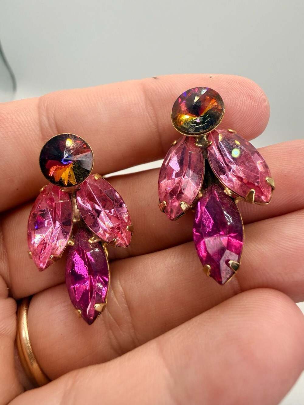 Vintage Pink Rhinestone Clip On Earrings